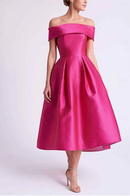 A-Line Wedding Guest Dress Cocktail Party Tea Length Sleeveless One Shoulder Pocket Satin with Bow(s)