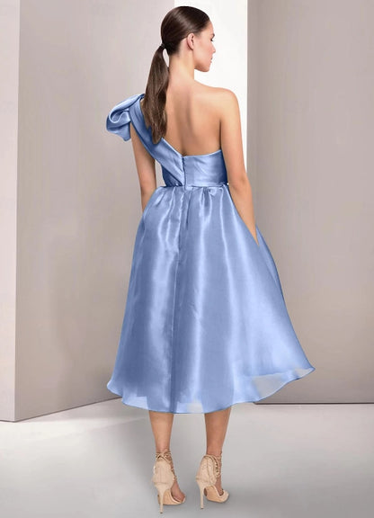 A-Line Cocktail Dresses Ruched Wedding Guest Dress Tea Length Sleeveless One Shoulder Satin with Slit