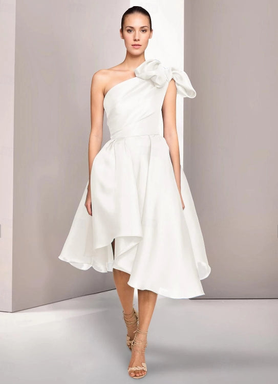 A-Line Cocktail Dresses Ruched Wedding Guest Dress Tea Length Sleeveless One Shoulder Satin with Slit