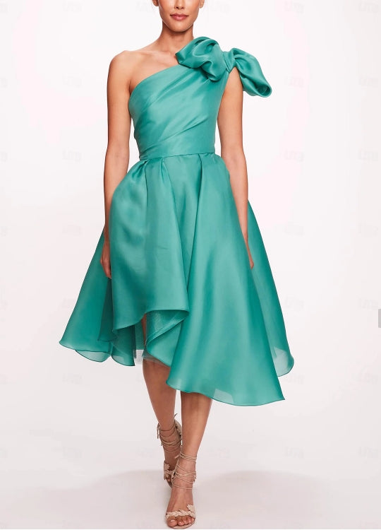 A-Line Cocktail Dresses Ruched Wedding Guest Dress Tea Length Sleeveless One Shoulder Satin with Slit