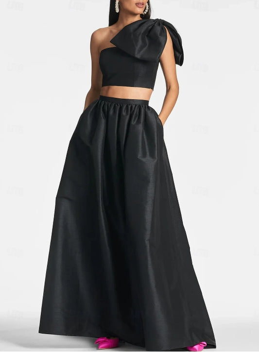 Black A-Line Wedding Guest Dresses Formal Black Tie Sleeveless One Shoulder Pocket Satin with Bow(s)