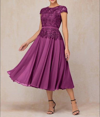 A-Line Tea Length Chiffon Lace Mother Of The Bride Dress