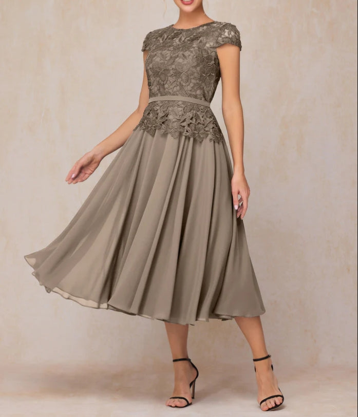 A-Line Tea Length Chiffon Lace Mother Of The Bride Dress