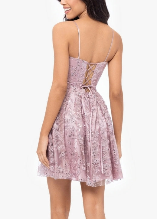 Cute A-Line Rose Pink Short Glitter-Print Homecoming Dress