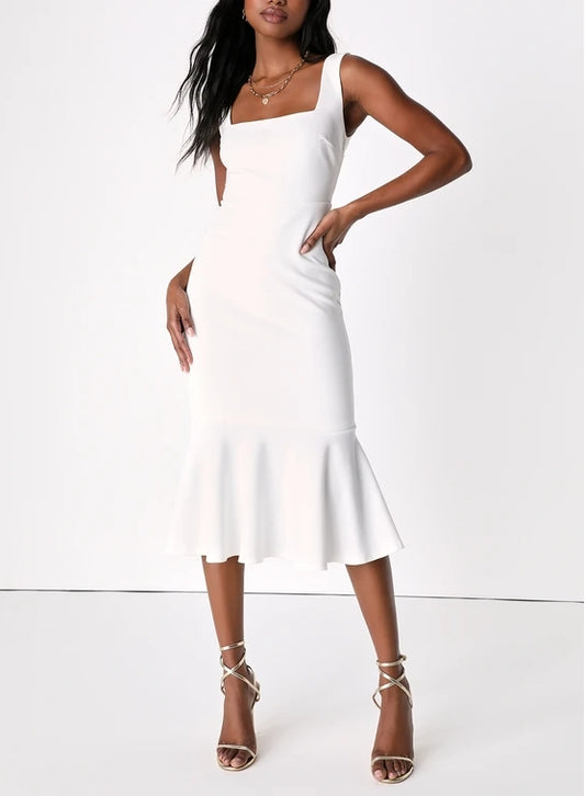 Square Neck Trumpet Midi Dress Backless Cocktail Dresses