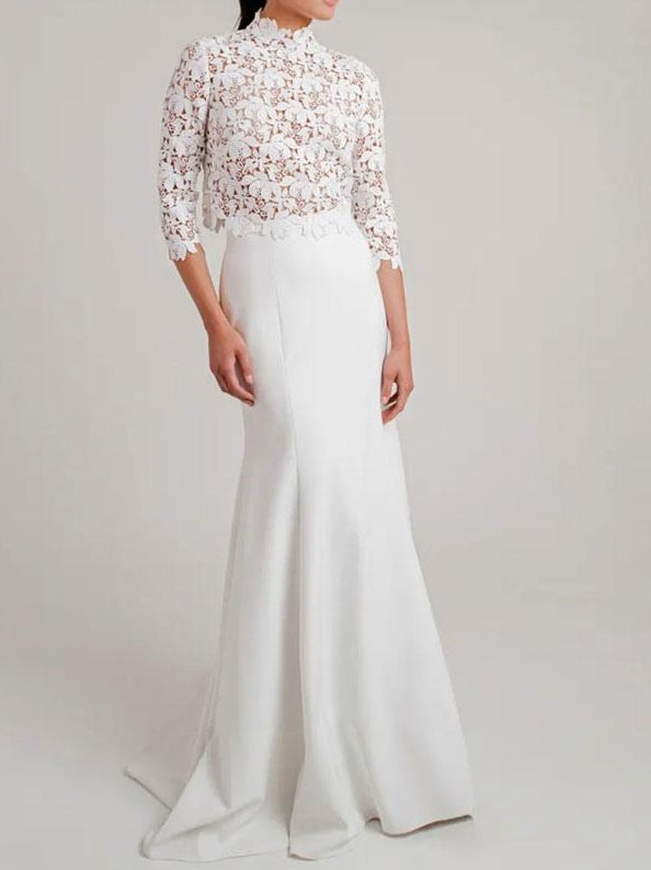 Ivory Two-piece Wedding Dress Lace High Collar Mermaid With Train 3/4 Length Sleeves Bridal Dress