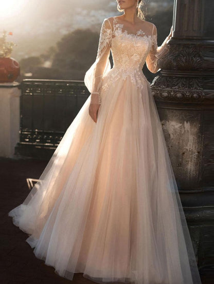 Wedding Dresses A Line Illusion Neck Long Sleeve Floor Length Tulle Pleated Bridal Dress With Train