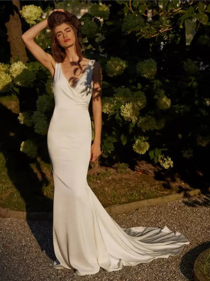 Simple Wedding Dress Satin V-Neck Sleeveless Mermaid Bridal Dresses