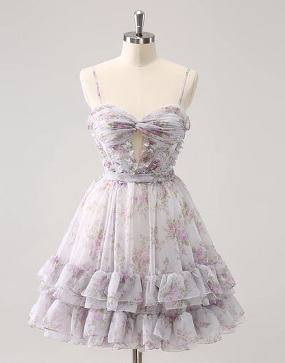 Lilac A-Line Floral Prints Ruffled Tiered Tulle Homecoming Dress