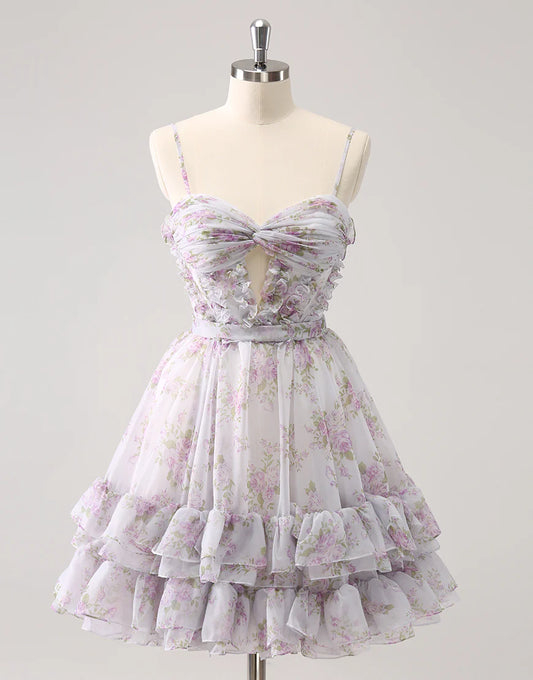 Lilac A-Line Floral Prints Ruffled Tiered Tulle Homecoming Dress