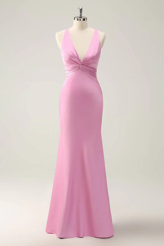 Plunging Neck Pink Wedding Guest Party Dress Mermaid Maxi Dress