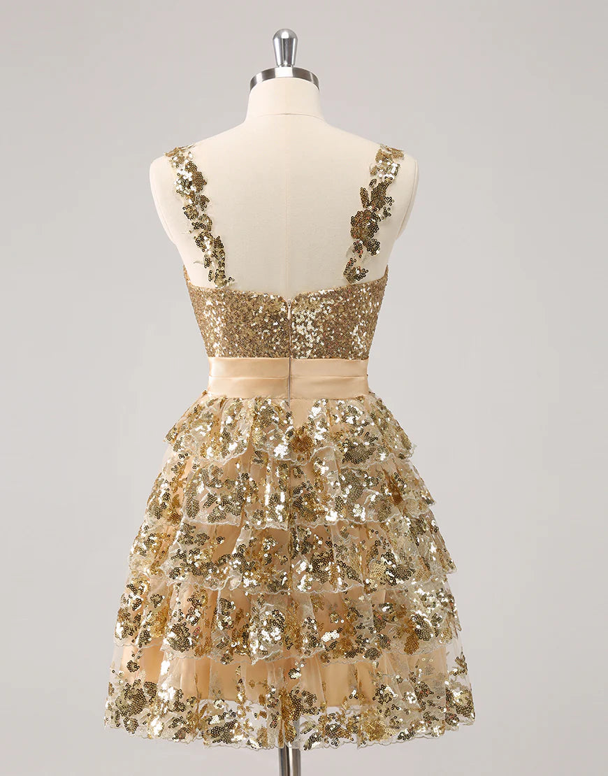 Golden A-Line Spaghetti Straps Sequined Homecoming Dress with Flower