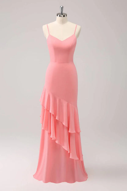 Coral Straps Mermaid Floor-length Wedding Guest Party Dress With Ruffles