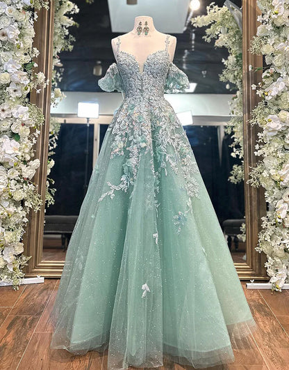 Mint A-Line Princess Tulle Prom Dress With Appliques