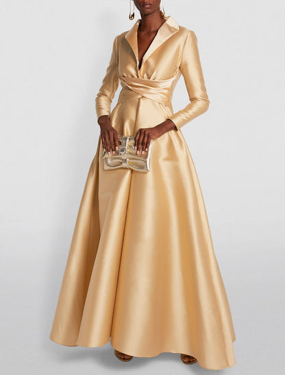 A-Line Evening Gown Wedding Guest Floor Length Long Sleeve Shirt Collar Satin with Ruched