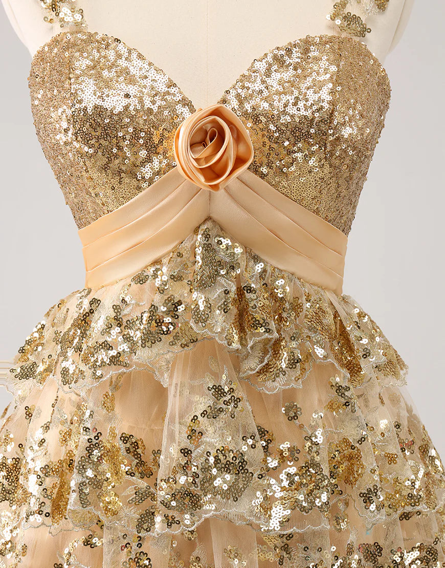 Golden A-Line Spaghetti Straps Sequined Homecoming Dress with Flower