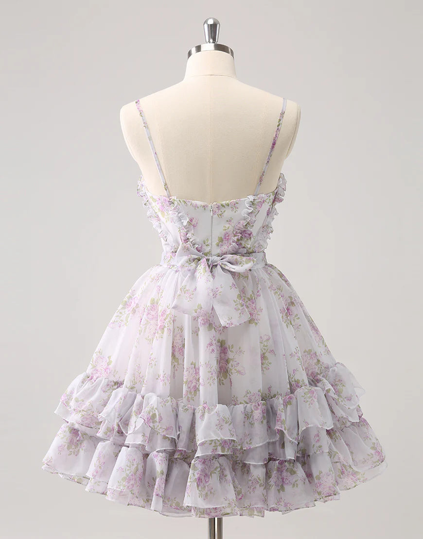 Lilac A-Line Floral Prints Ruffled Tiered Tulle Homecoming Dress