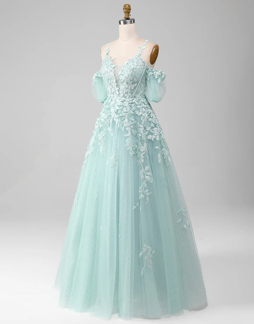 Mint A-Line Princess Tulle Prom Dress With Appliques