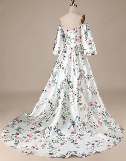 A-Line Princess Off the Shoulder Floral Satin Chapel Train Wedding Dress