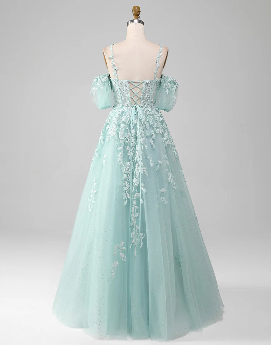 Mint A-Line Princess Tulle Prom Dress With Appliques