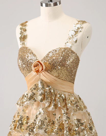 Golden A-Line Spaghetti Straps Sequined Homecoming Dress with Flower