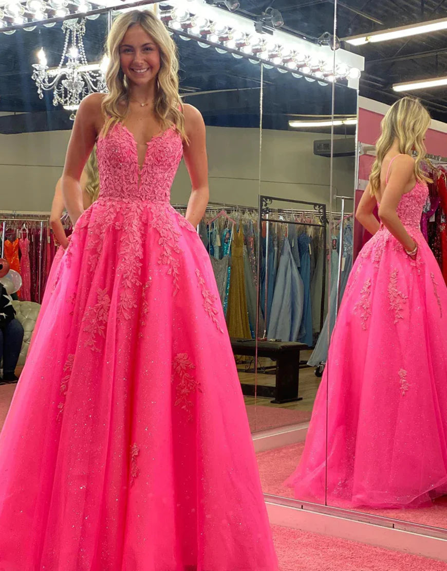 A Line Princess V-Neck Lace Long Prom Dress With Appliques