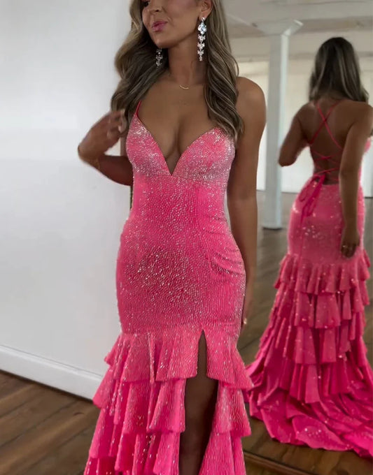 Fuchsia High Slit Glittering Prom Dress Backless/With Lace Up Back Evening Dress