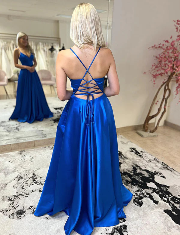 Royal Blue Sequin Keyhole Straps Mermaid Long Prom Dress Slit With Lace Up Back