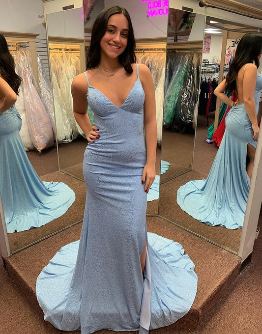 Grey Blue Mermaid V-Neck Spaghetti Strap Long Prom Dress Court Train Dresses