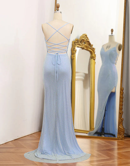 Mermaid Blue Long V-Neck Backless/With Lace Up Back Prom Dress with Slit