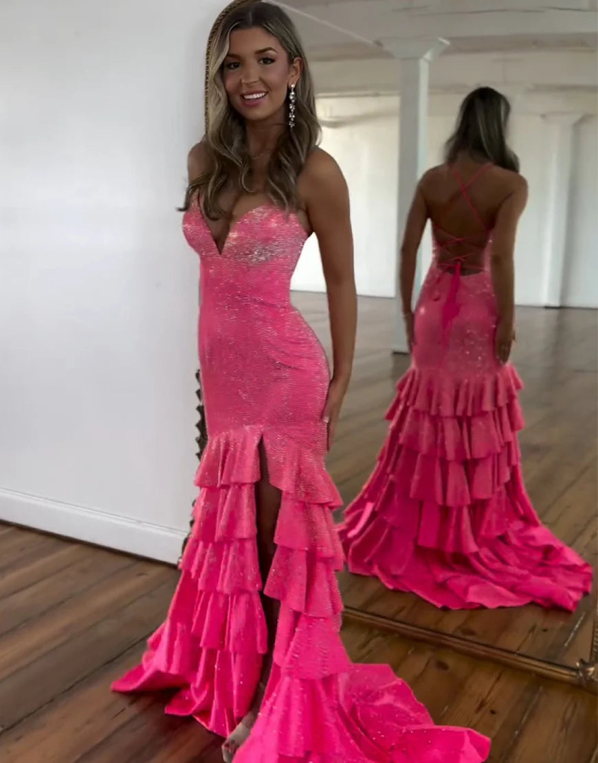 Fuchsia High Slit Glittering Prom Dress Backless/With Lace Up Back Evening Dress