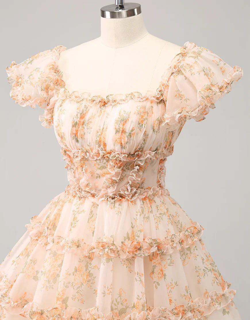 Yellow Cute A-Line Ruffled Tulle Floral Print Homecoming Dress