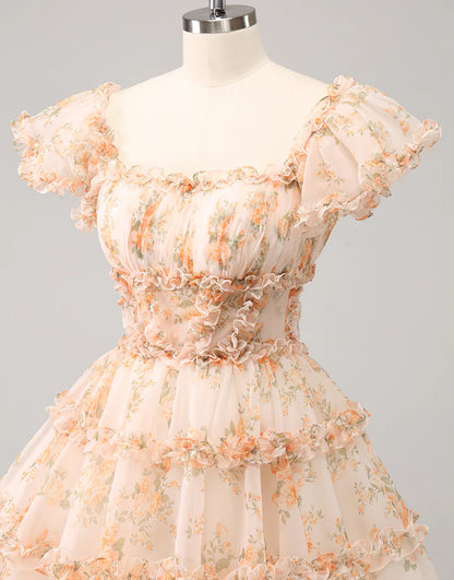 Yellow Cute A-Line Ruffled Tulle Floral Print Homecoming Dress