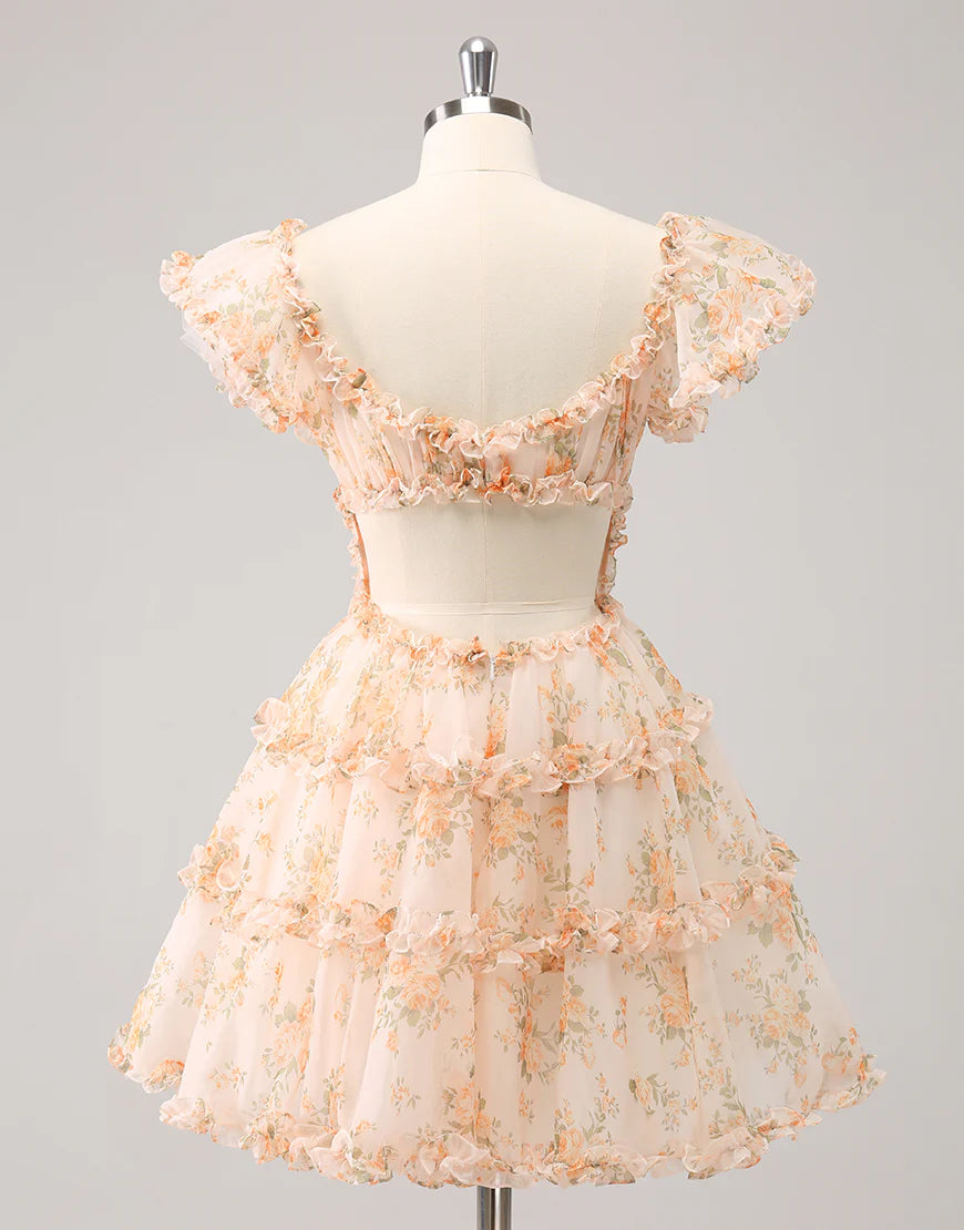 Yellow Cute A-Line Ruffled Tulle Floral Print Homecoming Dress