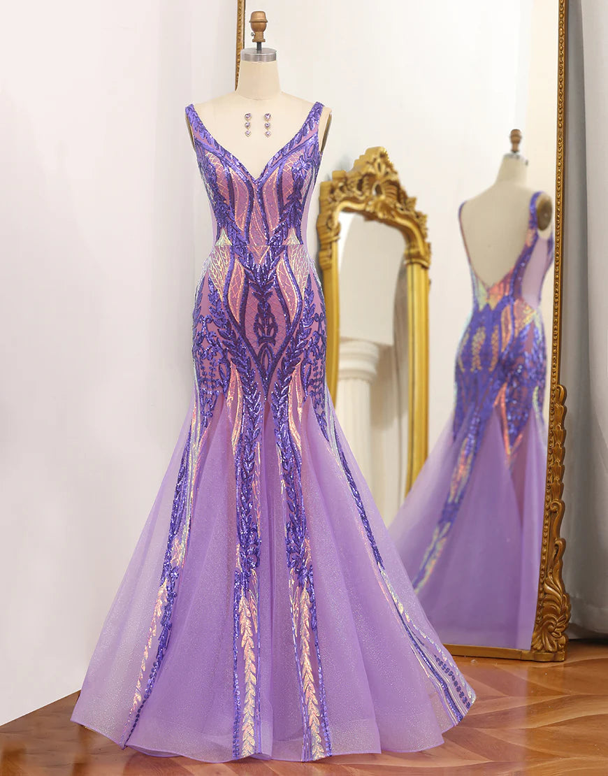 Sparkly Purple Mermaid V Neck Sequins Long Prom Dress