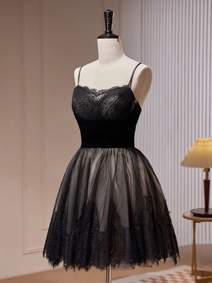 Black Tulle and Lace Straps Short Party Dress Homecoming Dress