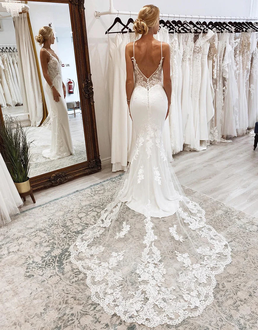 Mermaid Lace Spaghetti Straps Backless Wedding Dress