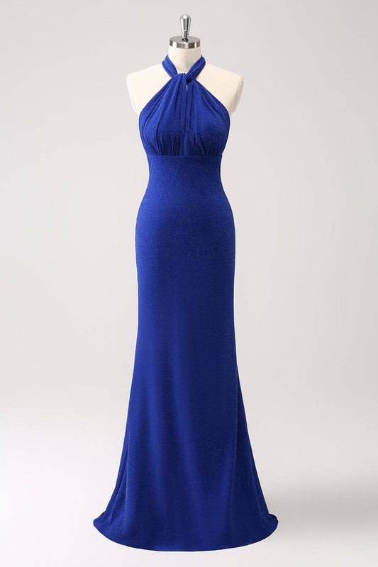 Sparkly Royal Blue Halter Floor-length Mermaid Maxi Dress