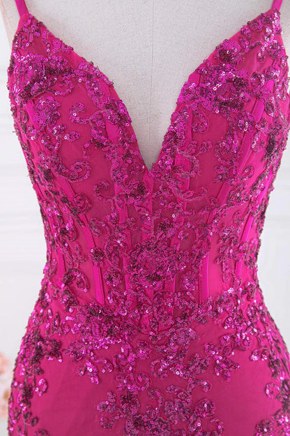 Magenta Sequin Straps V-Neck Sequin Appliques Mermaid Prom Dress