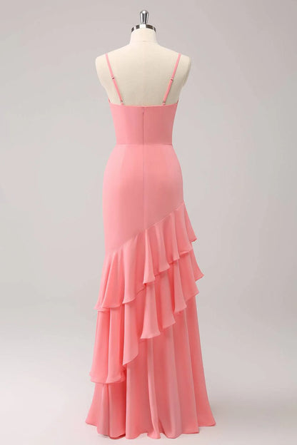 Coral Straps Mermaid Floor-length Wedding Guest Party Dress With Ruffles