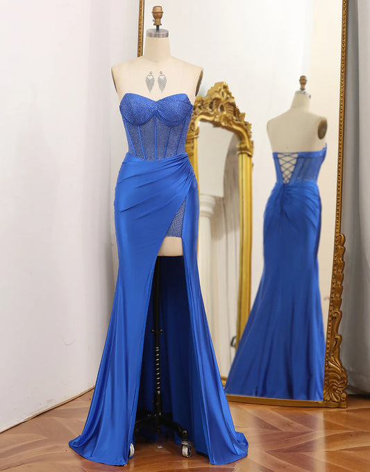 Mermaid Strapless Royal Blue Corset Prom Dress Beading With Slit