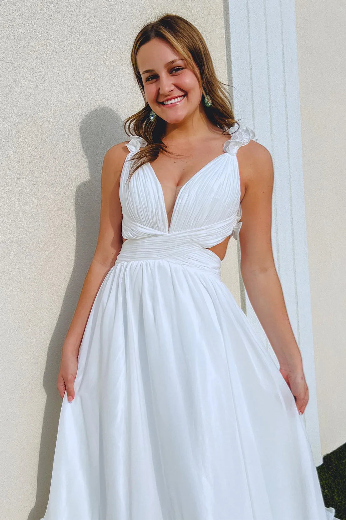 A-Line White Ruffle Straps Pleated Cut-Out Deep V Long Prom Dress