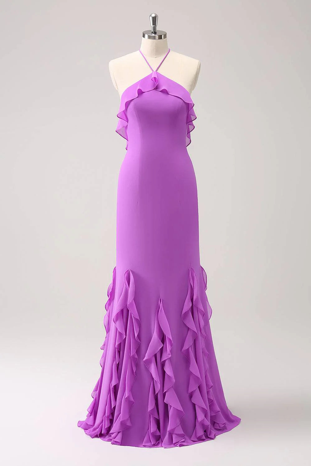 Straps Lilac Chiffon Ruffle Wedding Guest Party Dress