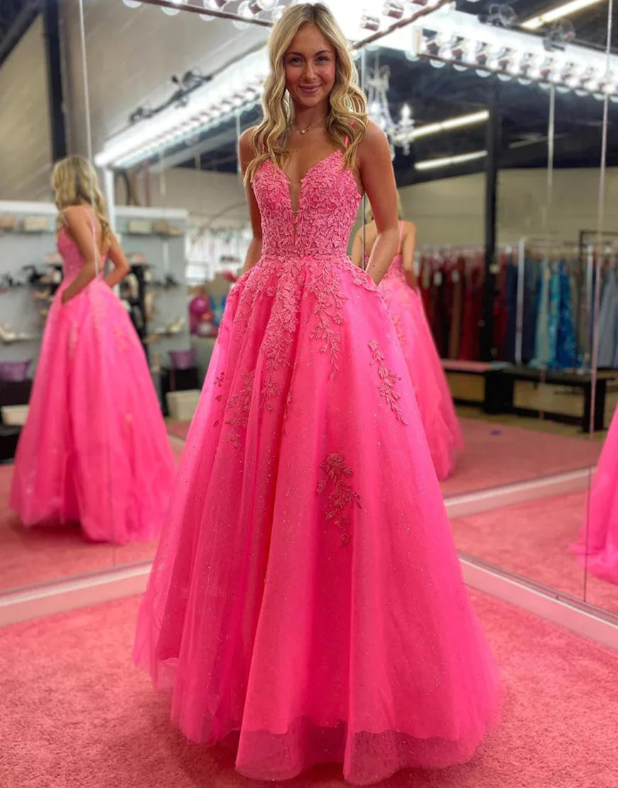 A Line Princess V-Neck Lace Long Prom Dress With Appliques