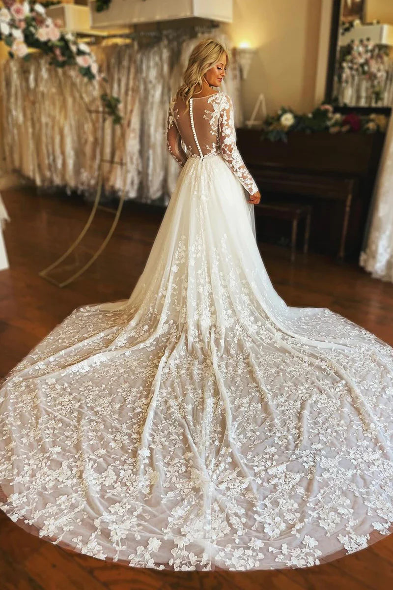 A-Line V Neck Long Sleeve Tulle Lace Wedding Dresses Sweep Train Dresses