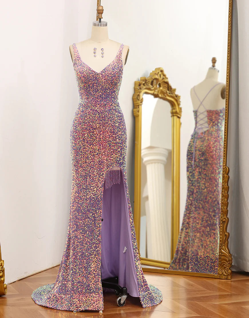 Sparkly Light Purple Lace-Up Back Sequins V-Neck Prom Dress With Fringes