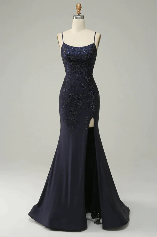 Navy Spaghetti Straps Beaded Prom Dress Split With Lace Up Back