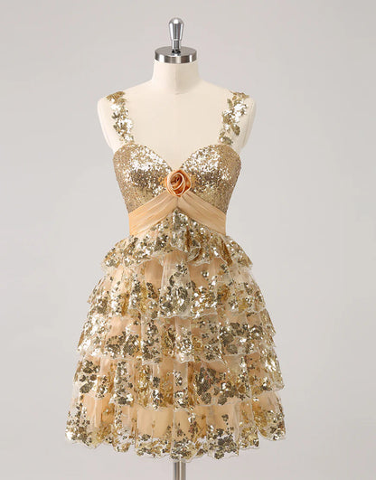 Golden A-Line Spaghetti Straps Sequined Homecoming Dress with Flower