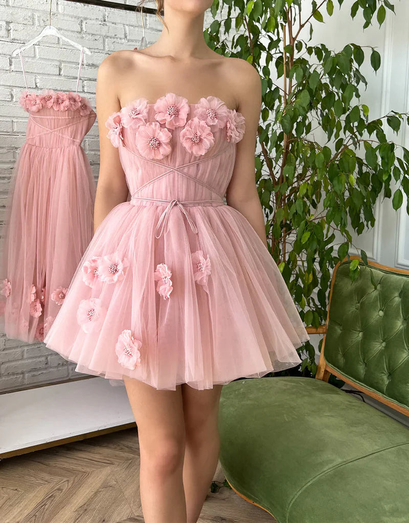 A-line Tulle Homecoming Dress with Handmade 3D Flowers