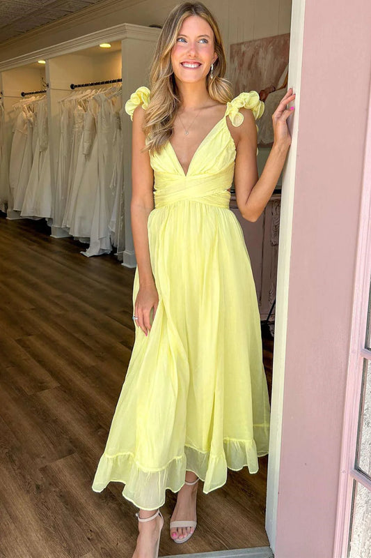 Yellow Plunging V-Neck A-Line Prom Dress Bridesmaid Dress